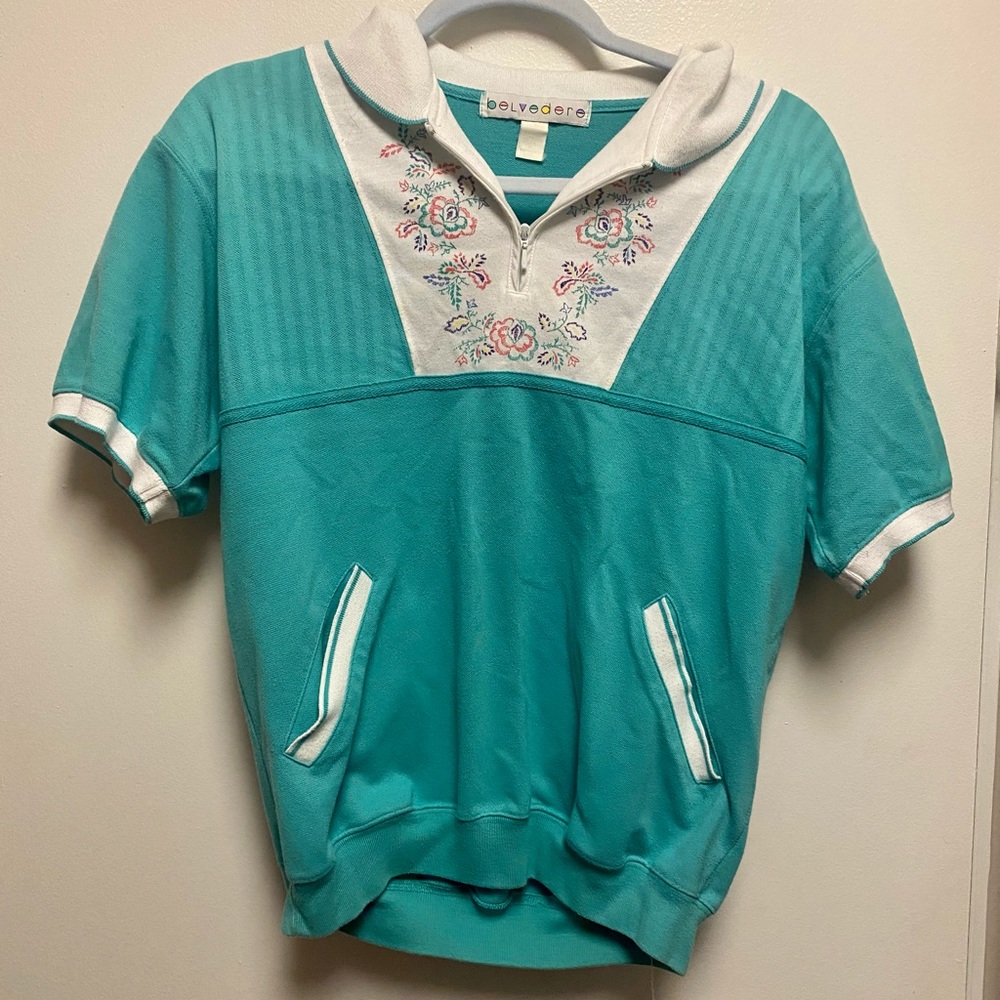 Teal green 80s/90s vintage granny sweater pullover short sleeve